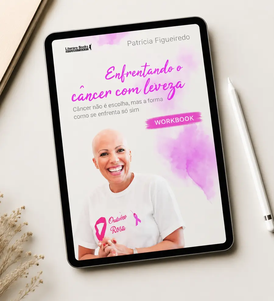 Workbook Enfrentando o Câncer com Leveza aberto em um tablet